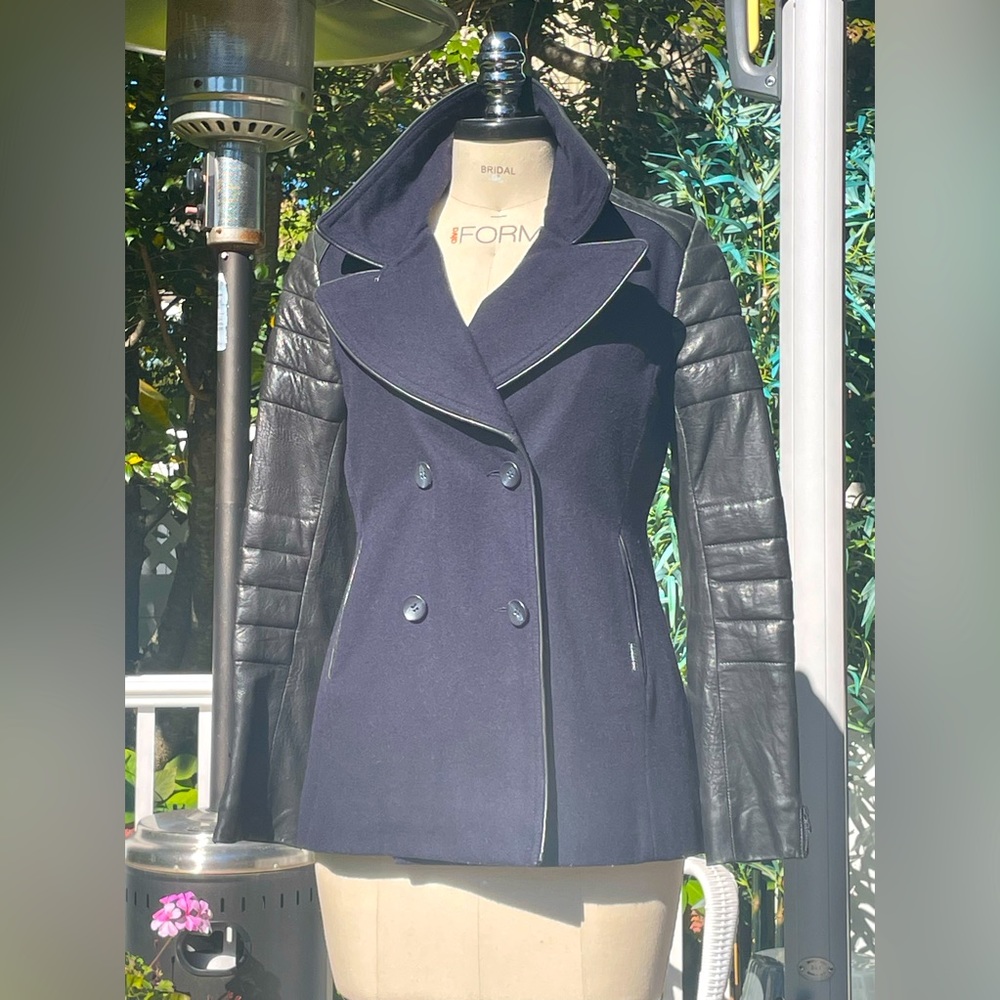 MembersOnly Pea coat style coat with authentic leather trim.Very good condition